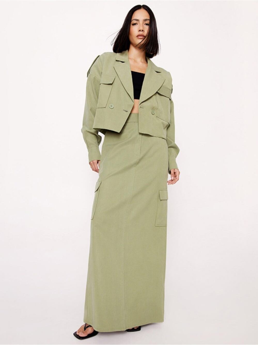 Nasty Gal Cargo Maxi Skirt Olive Green Twill High Waist Utility Size 10